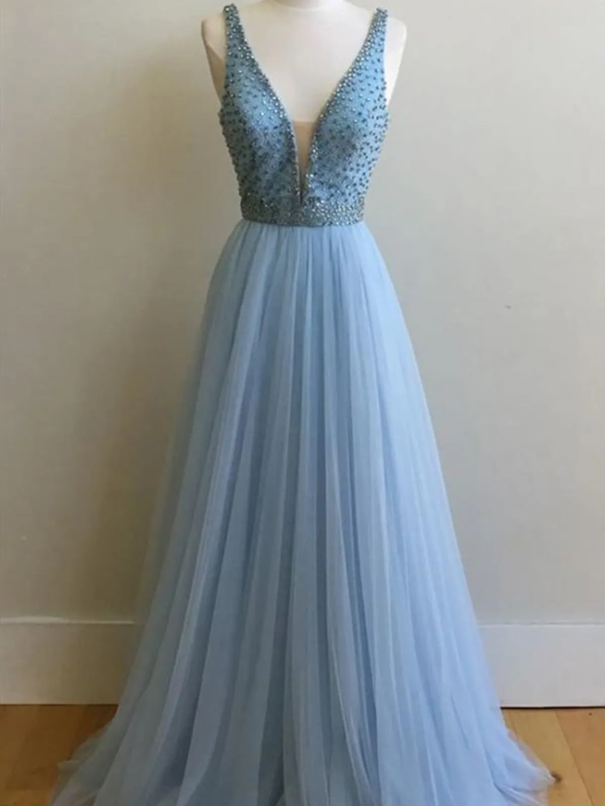 Beautiful Deep V-neck  Light Blue Long Tulle Prom Dresses With Beading, Light Blue Tulle Formal Evening Dresses