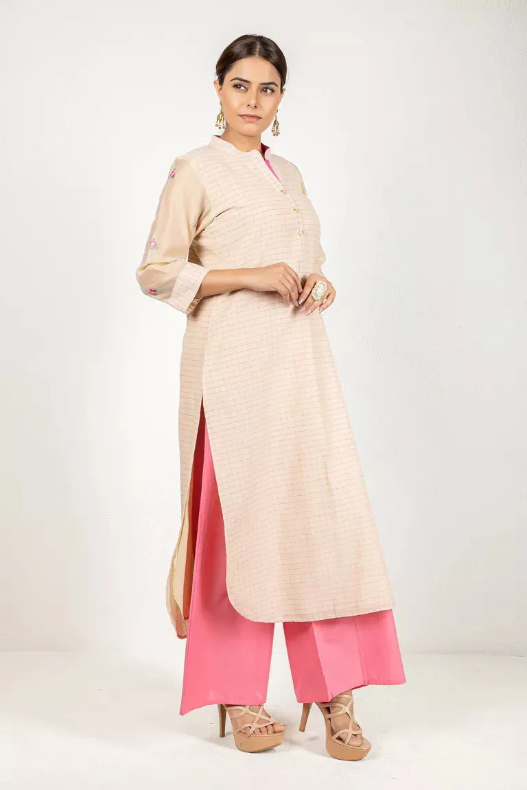 Beige & Pink Chanderi Woven Checked Kurta