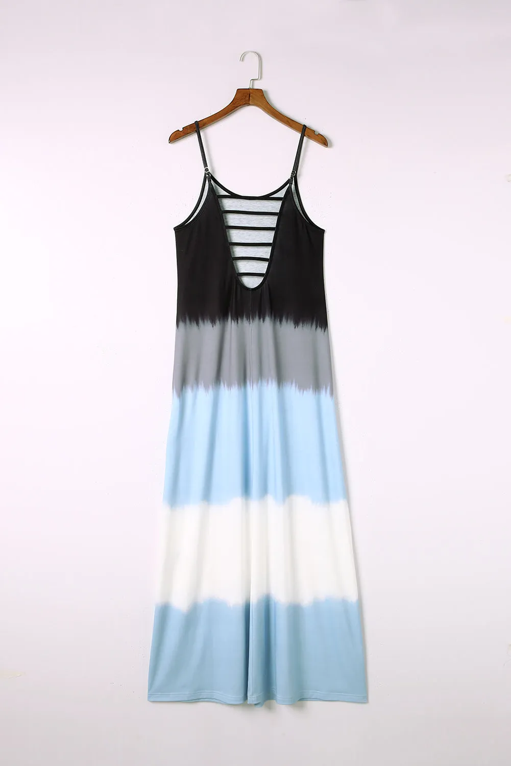 Beige Spaghetti Strap Tie-Dye Slit Maxi Dress