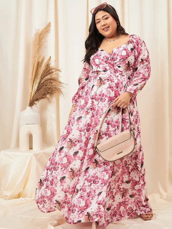 Berrylush Curve Women Pink Floral Printed Sweetheart Neck Waist Tie-Up Georgette Pleated Wrap Maxi Dress