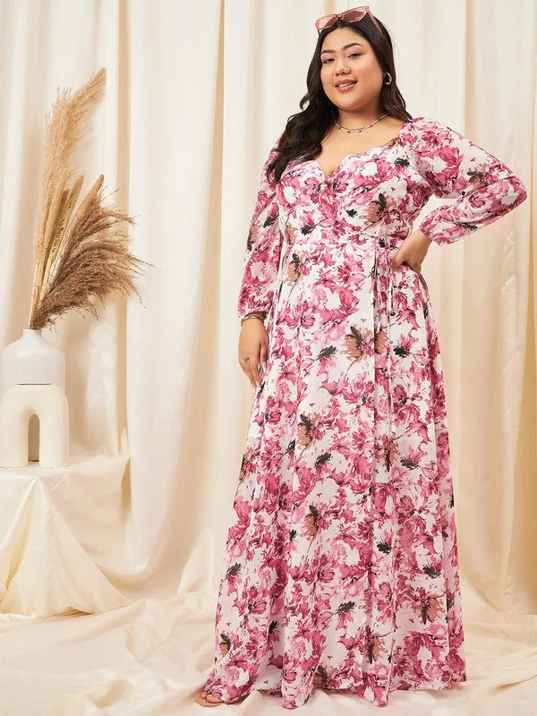 Berrylush Curve Women Pink Floral Printed Sweetheart Neck Waist Tie-Up Georgette Pleated Wrap Maxi Dress