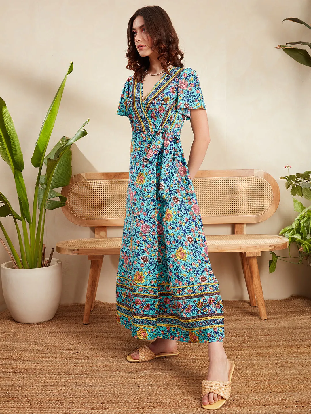 Berrylush Women Blue & Multicolour Floral Printed V-Neck Waist Tie-Up Thigh-High Slit Flared Wrap Maxi Dress