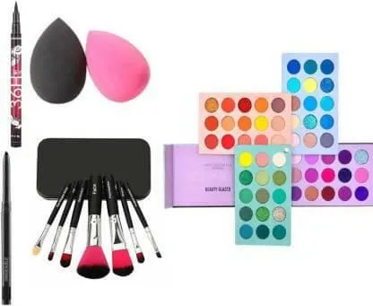 Bingeable HDA 60 Color Board Eye Shadow Palette Shimmer Matte and Glitter& Black Kajal & 36H Eyeliner& 7 Pcs Brush Set& 2 Pcs Puff (Pack of 5 Items )