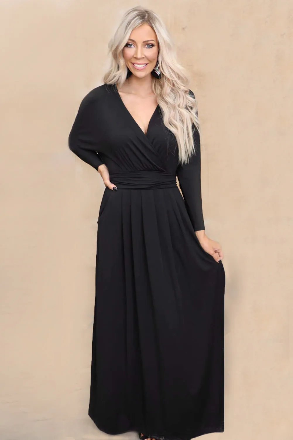 Black Dolman Sleeves Wrap Maxi Dress