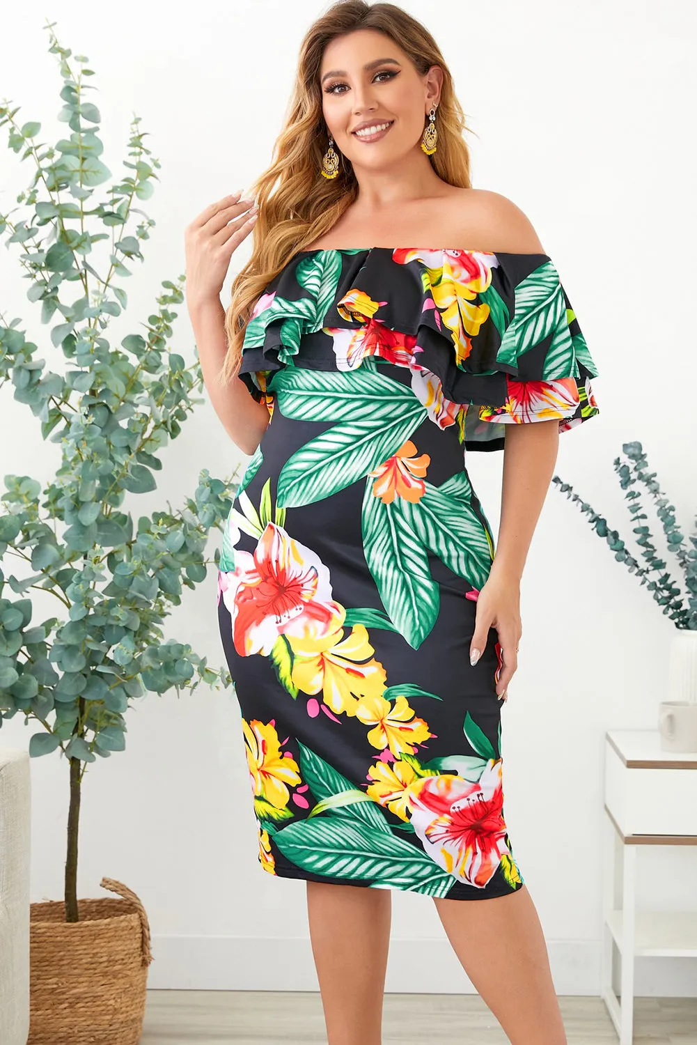 Black Floral Print Plus Size Midi Dress