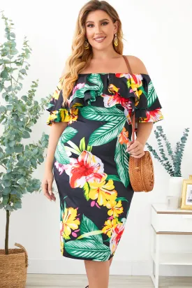 Black Floral Print Plus Size Midi Dress