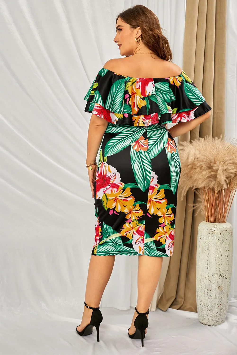 Black Floral Print Plus Size Midi Dress