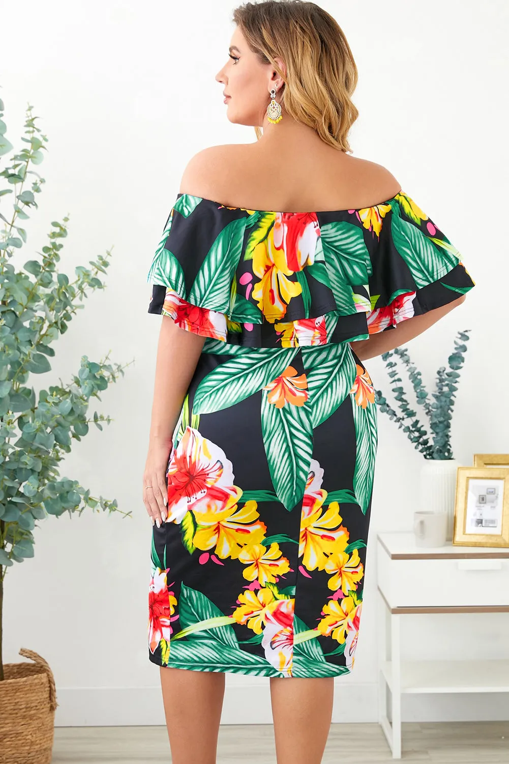 Black Floral Print Plus Size Midi Dress