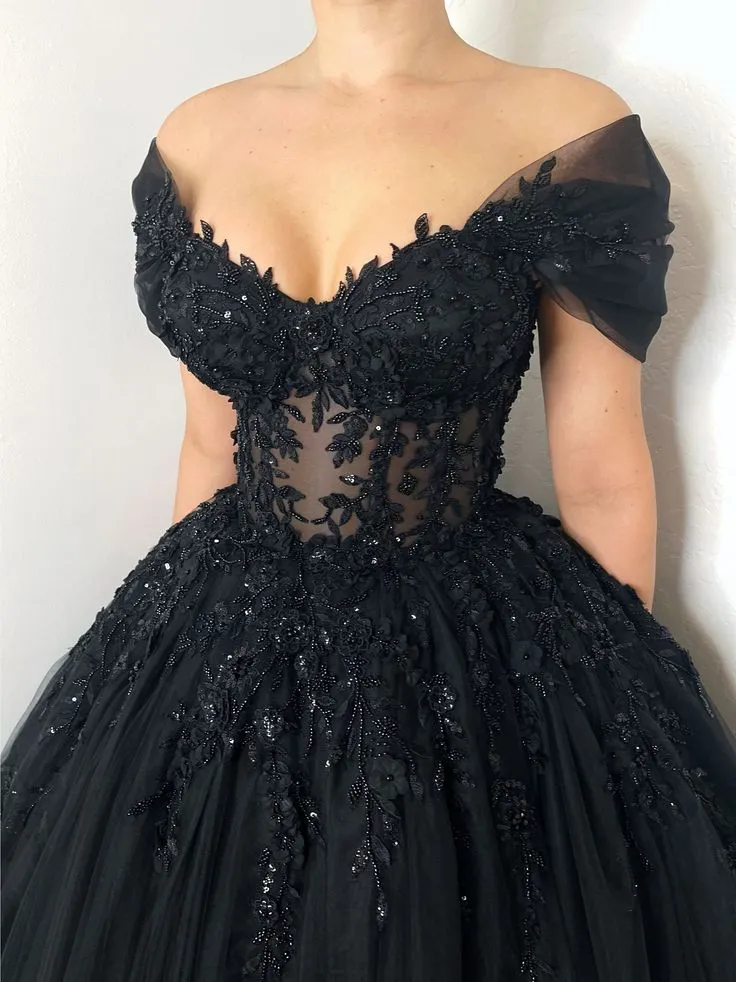 Black Gothic Floral Beaded Corset Tulle Alternative Wedding Dress Long Prom Dress,DP834