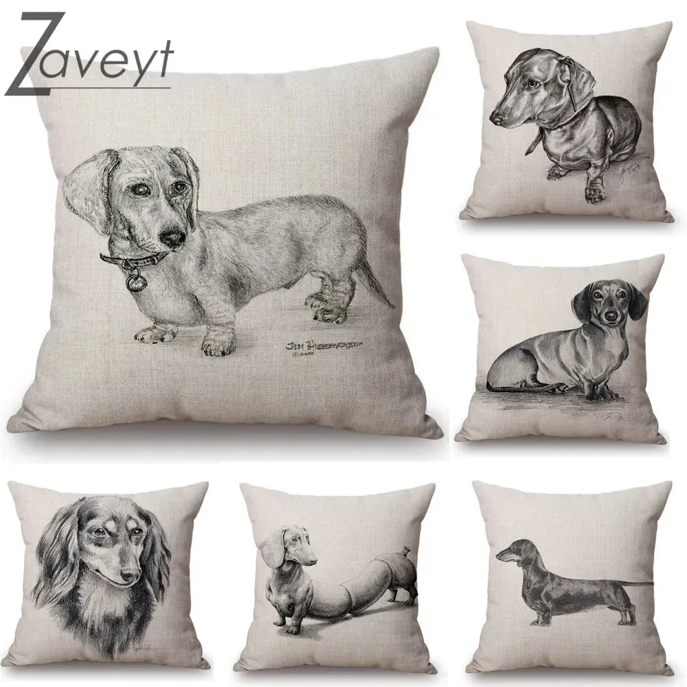 Black White Sketch Dachshund Nordic Linen Pillowcase