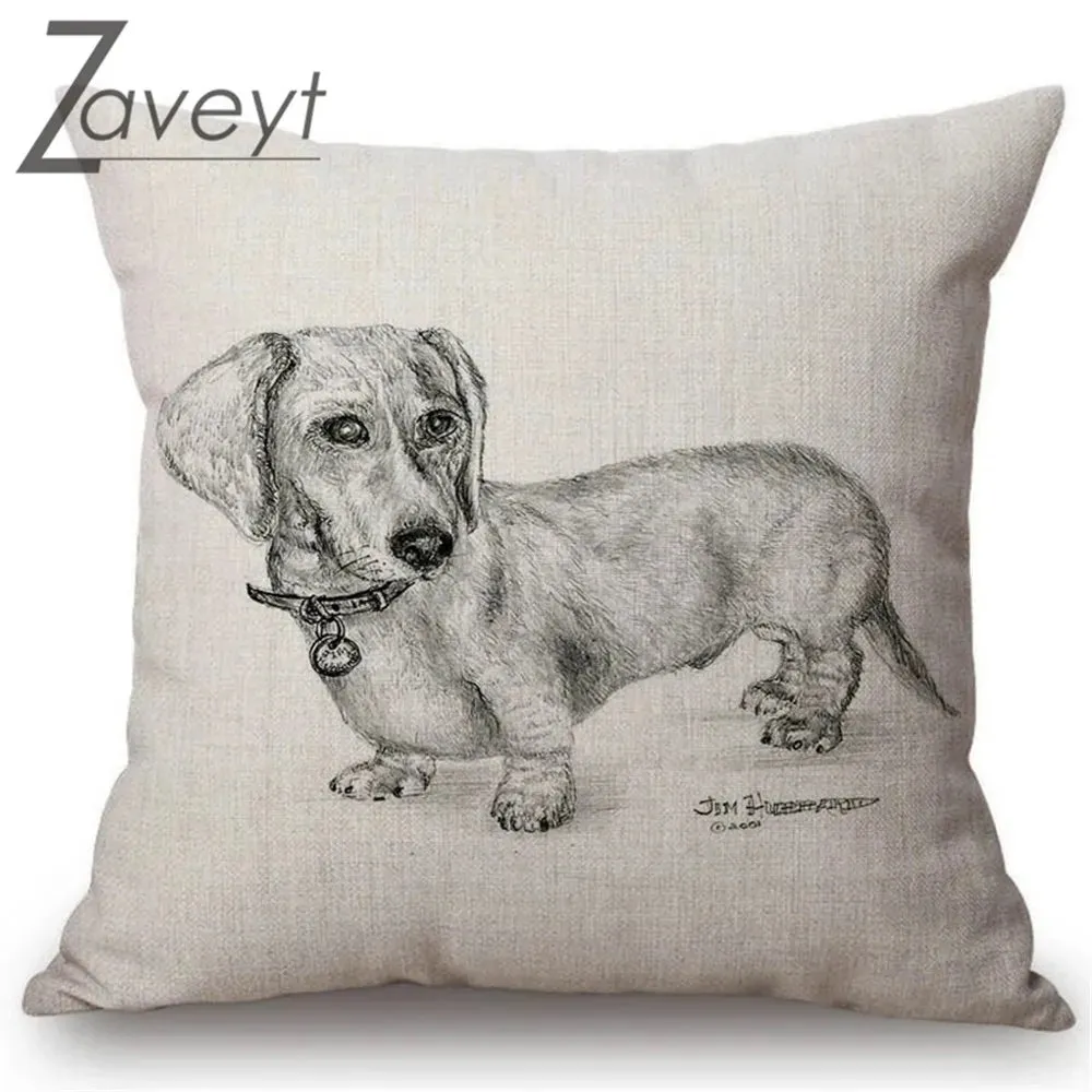 Black White Sketch Dachshund Nordic Linen Pillowcase