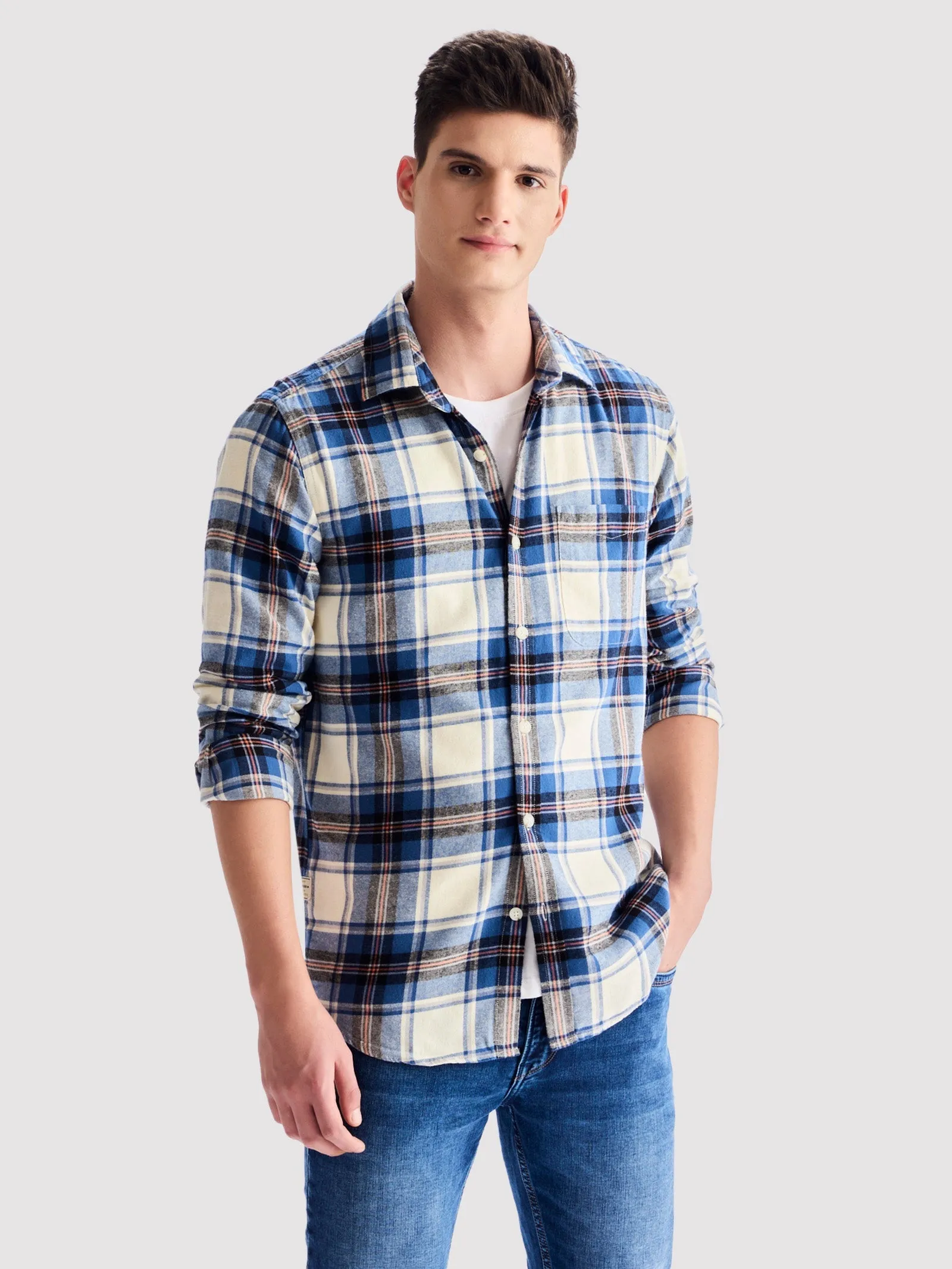 Blue Brushed Cotton Checked Shirt