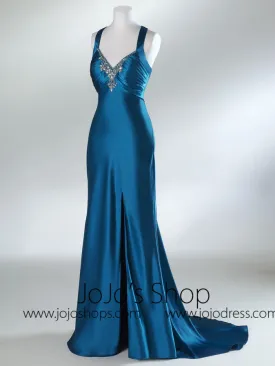 Blue Cross Back Side Slit Empire Formal Prom Evening Dress HB2024A