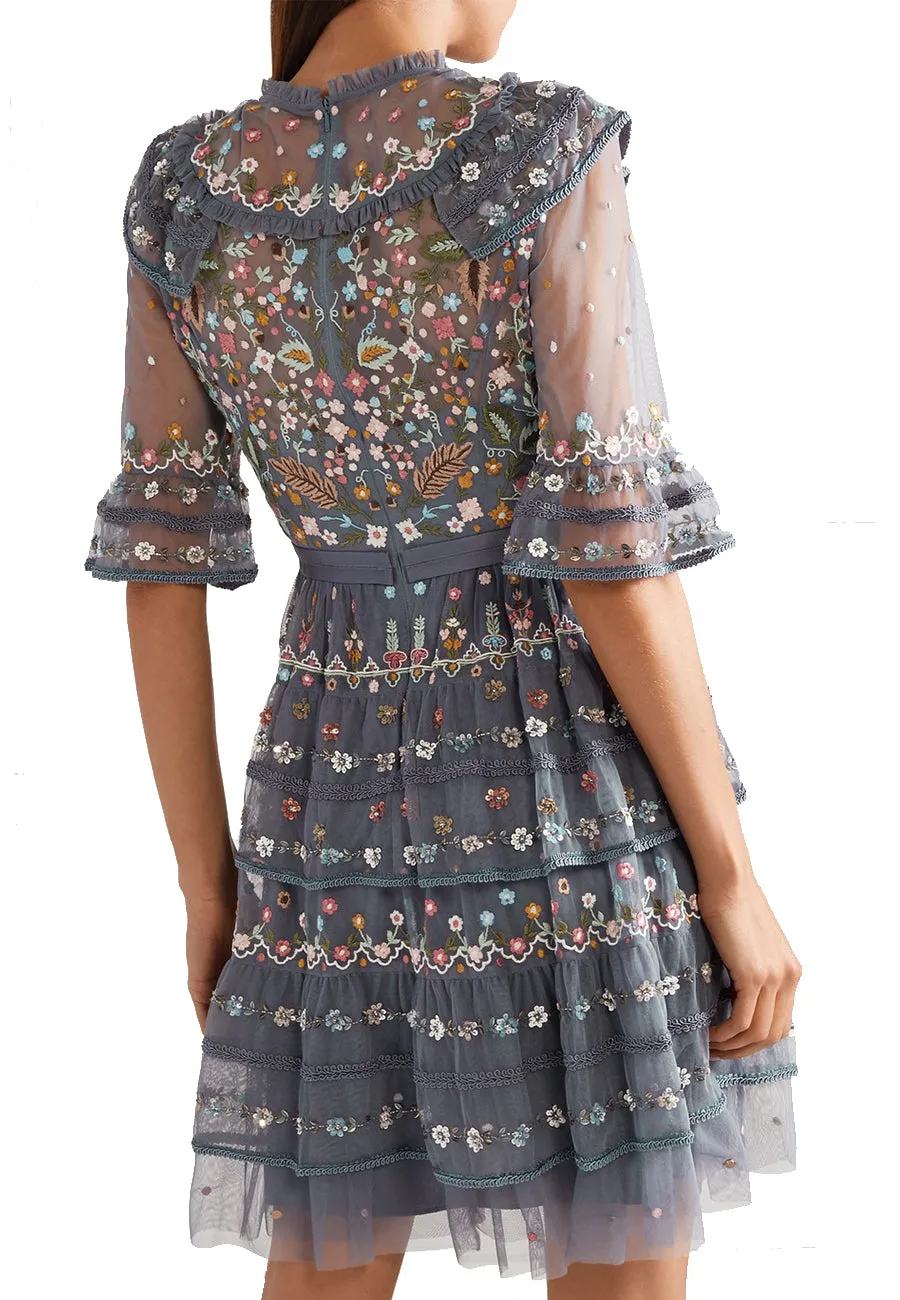 Blue Paradise Floral Embroidered Tulle Mini Dress