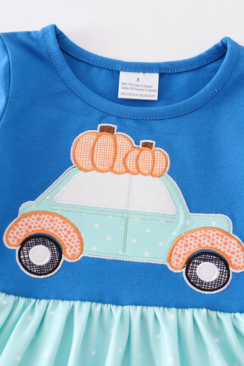 Blue pumpkin car applique dress