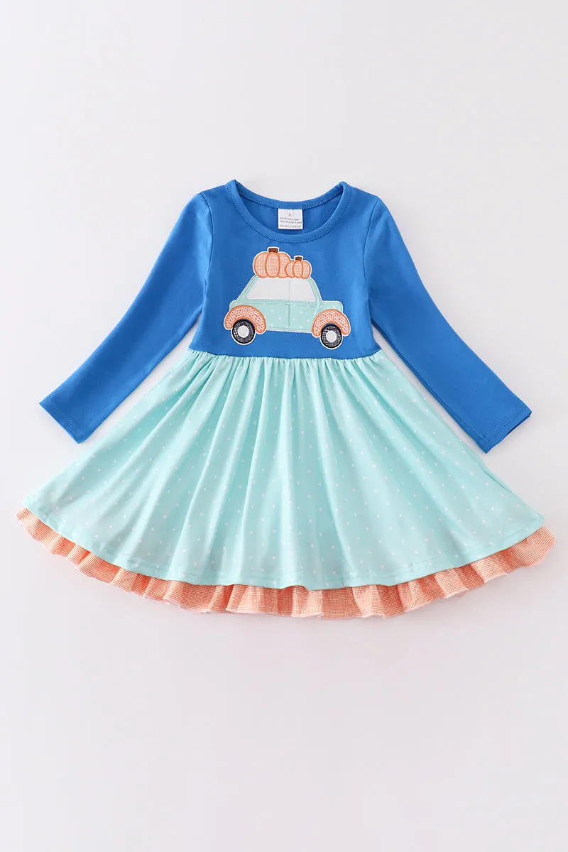 Blue pumpkin car applique dress