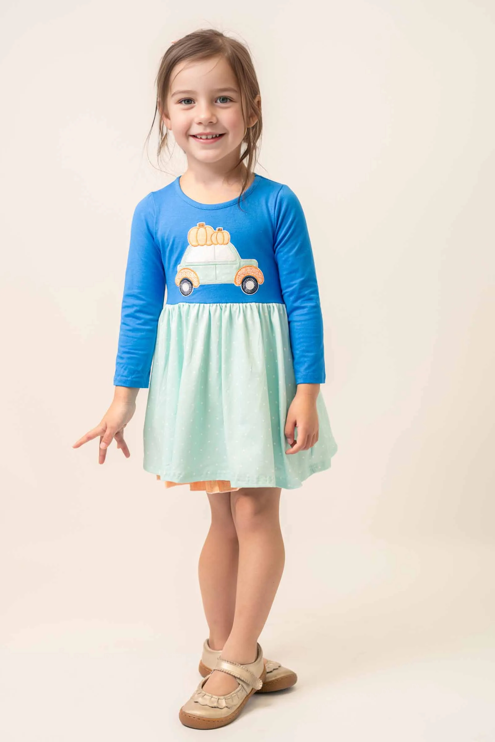 Blue pumpkin car applique dress