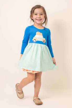 Blue pumpkin car applique dress