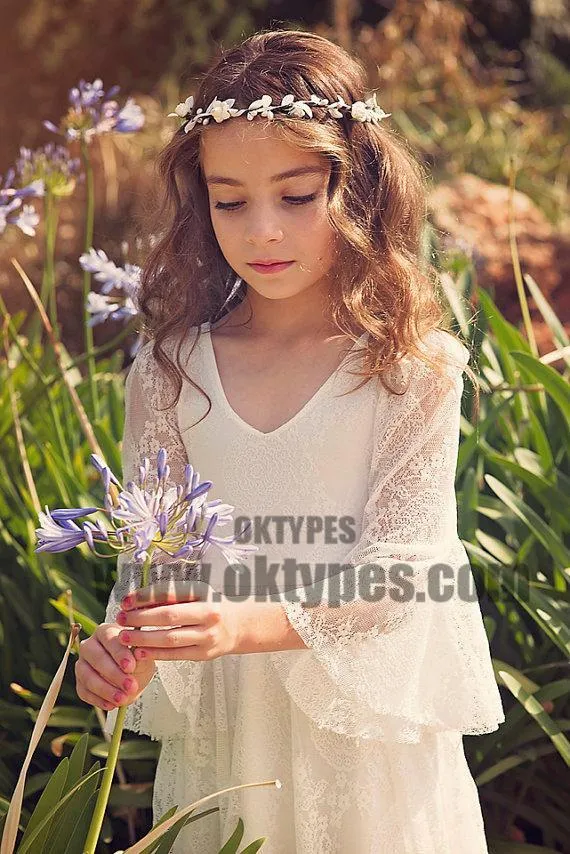 Boho Long Sleeve A-line Lace Flower Girl Dresses, Lovely Little Girl Dresses, TYP0622