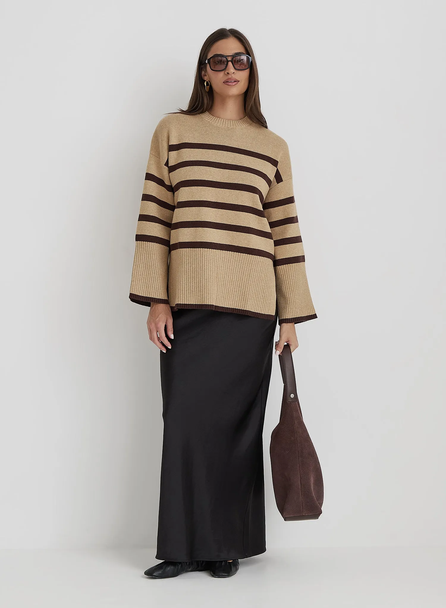 Camel Striped Boxy Knitted Jumper - Cleo