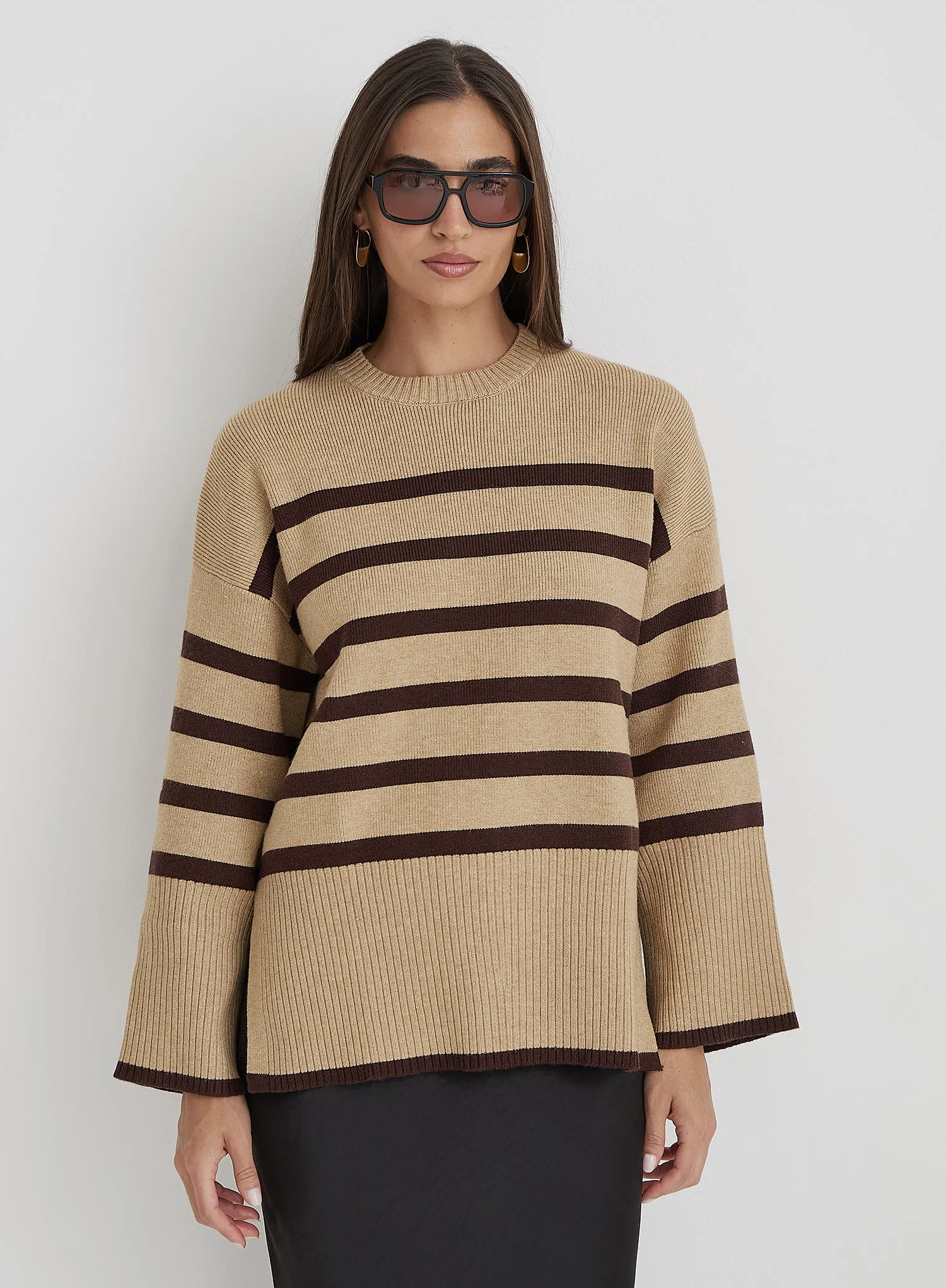 Camel Striped Boxy Knitted Jumper - Cleo