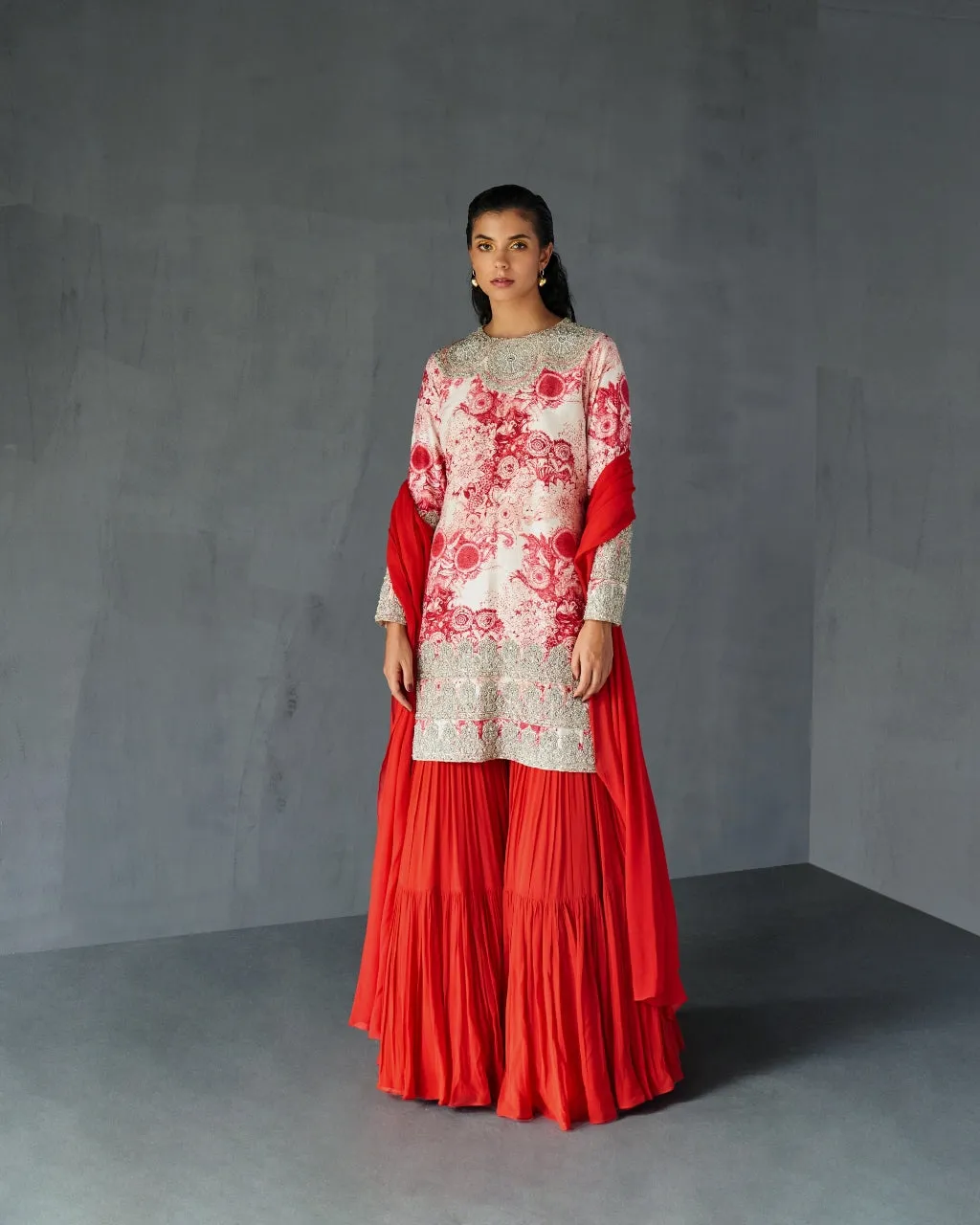 Champagne Red Blossom Kurta Sharara Set