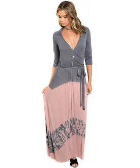 Charcoal Grey Pink Tie Dye Jersey Wrap Maxi Dress U.S.A