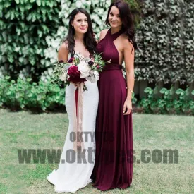 Charming Burgundy A-Line Halter Backless Maroon Chiffon Bridesmaid Dress with Sash, TYP0466