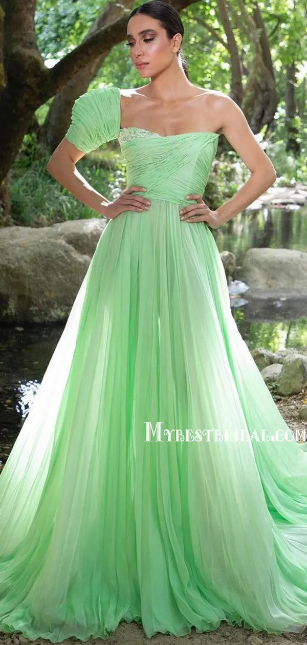 Charming One-shoulder A-line Ball Gown Long Prom Dresses, PDS0259