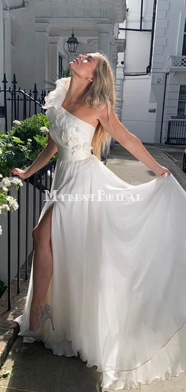 Charming One Shoulder Ivory Chiffon Side Slit Long Cheap Prom Dresses, PDS0093