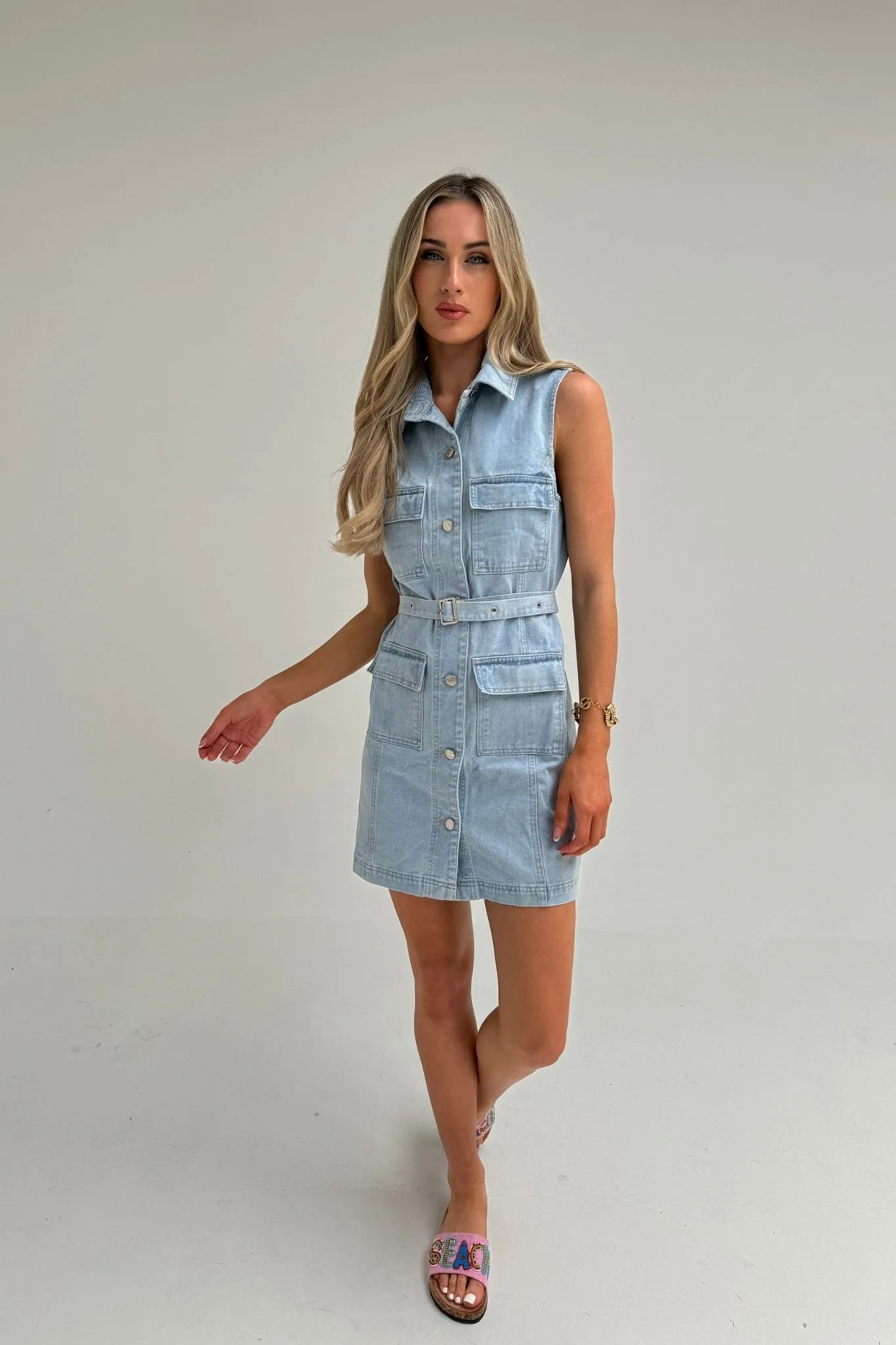 Cora Belted Shirt Dress In Light Denim