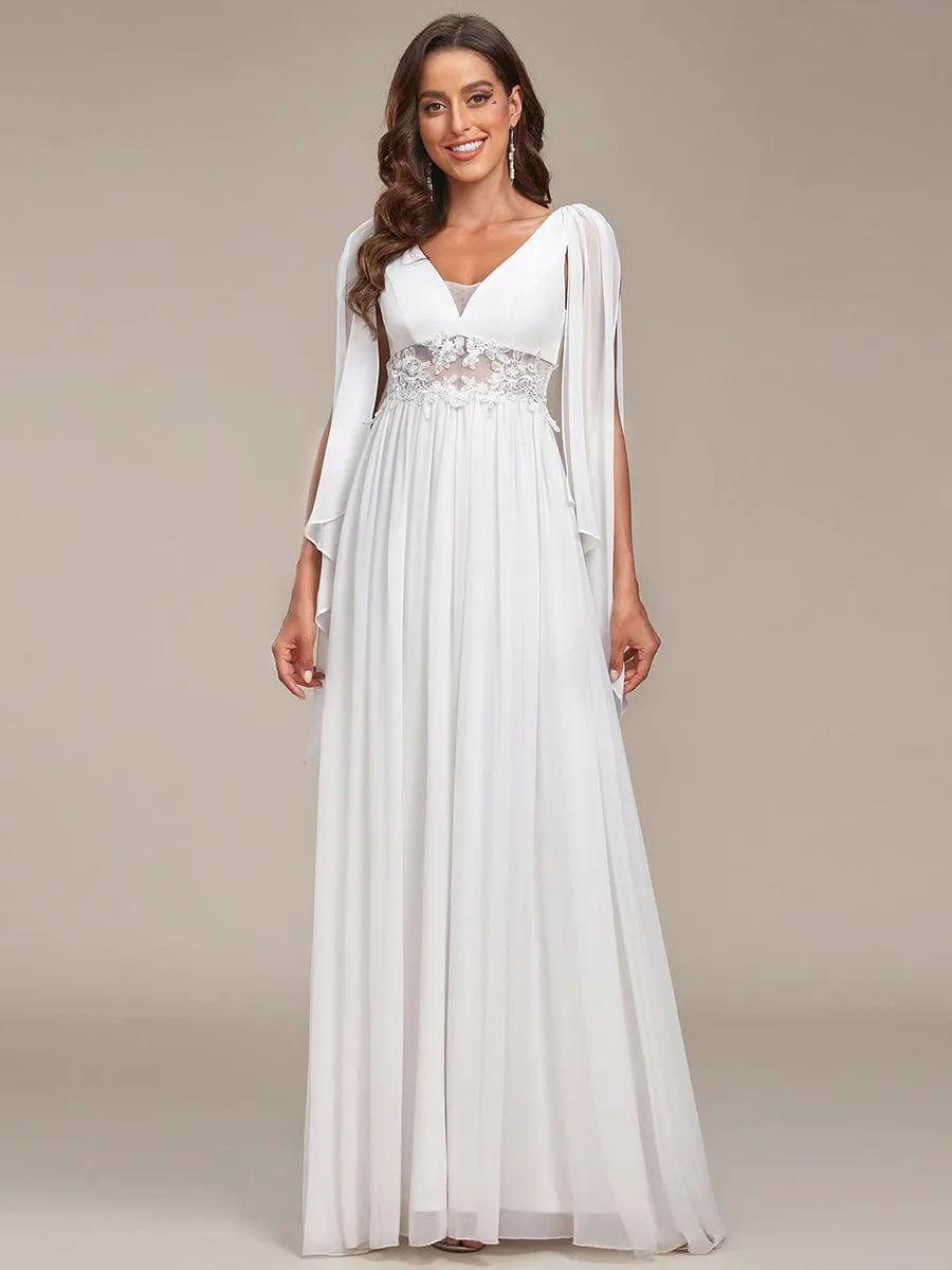 Custom Size Cape Sleeves Lace Floral V-Neck Maxi Wedding Dress