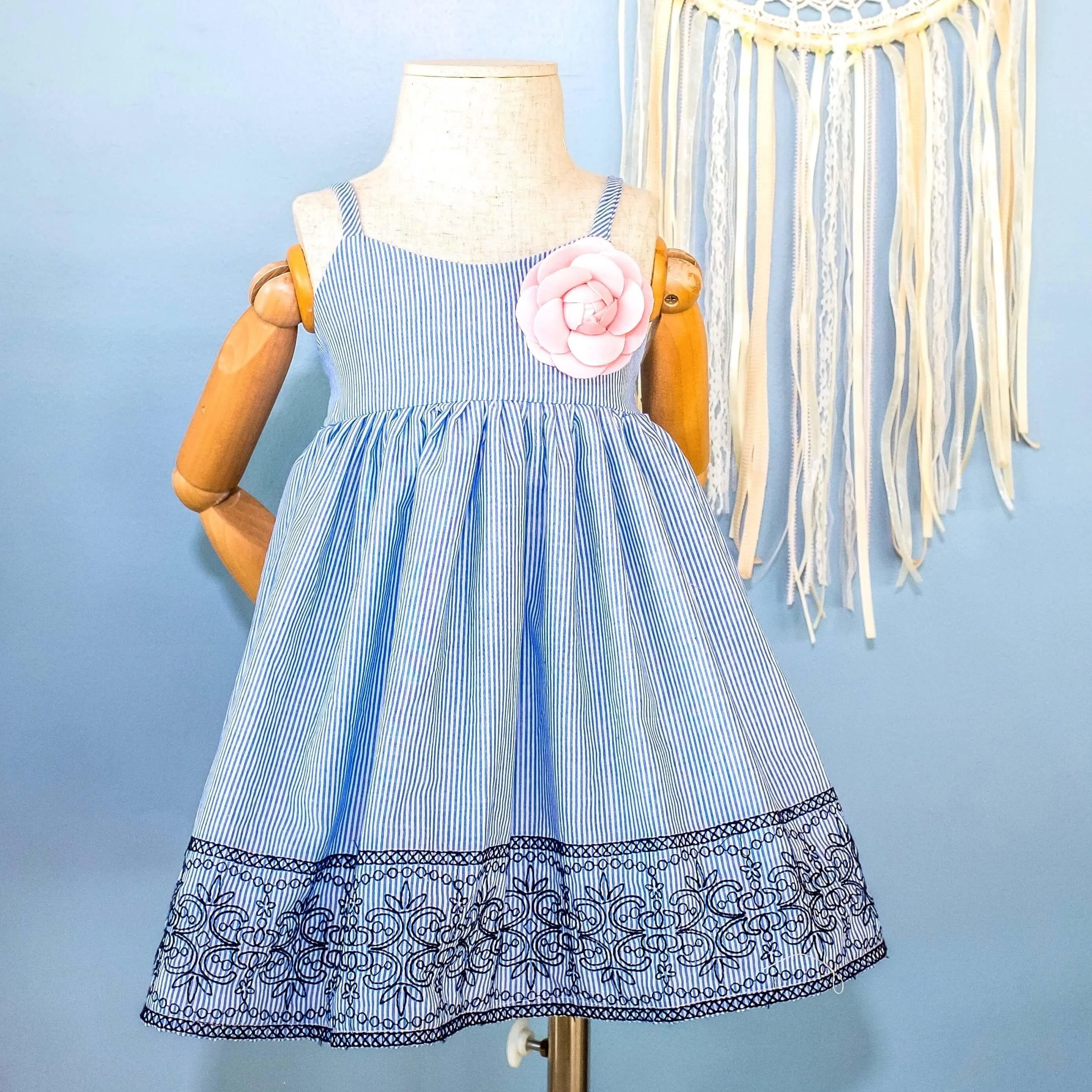 Dahlia Dress in Blue Stripes Panel Embroidery