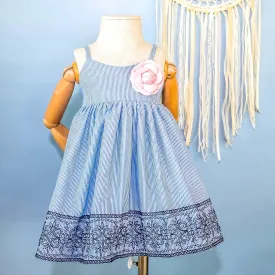 Dahlia Dress in Blue Stripes Panel Embroidery