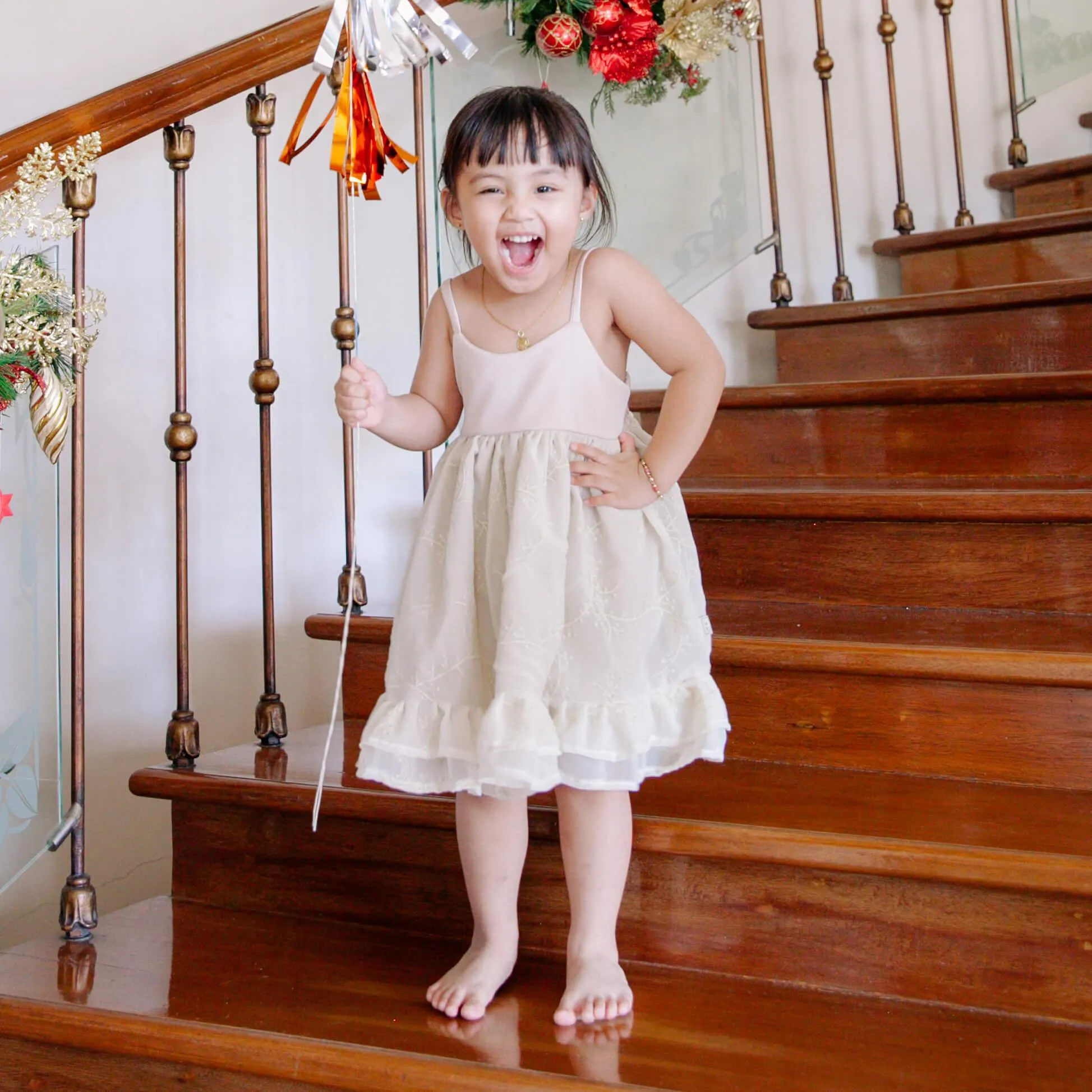 Dahlia Dress in White Eyelet and Placid Blue Stripes Linen