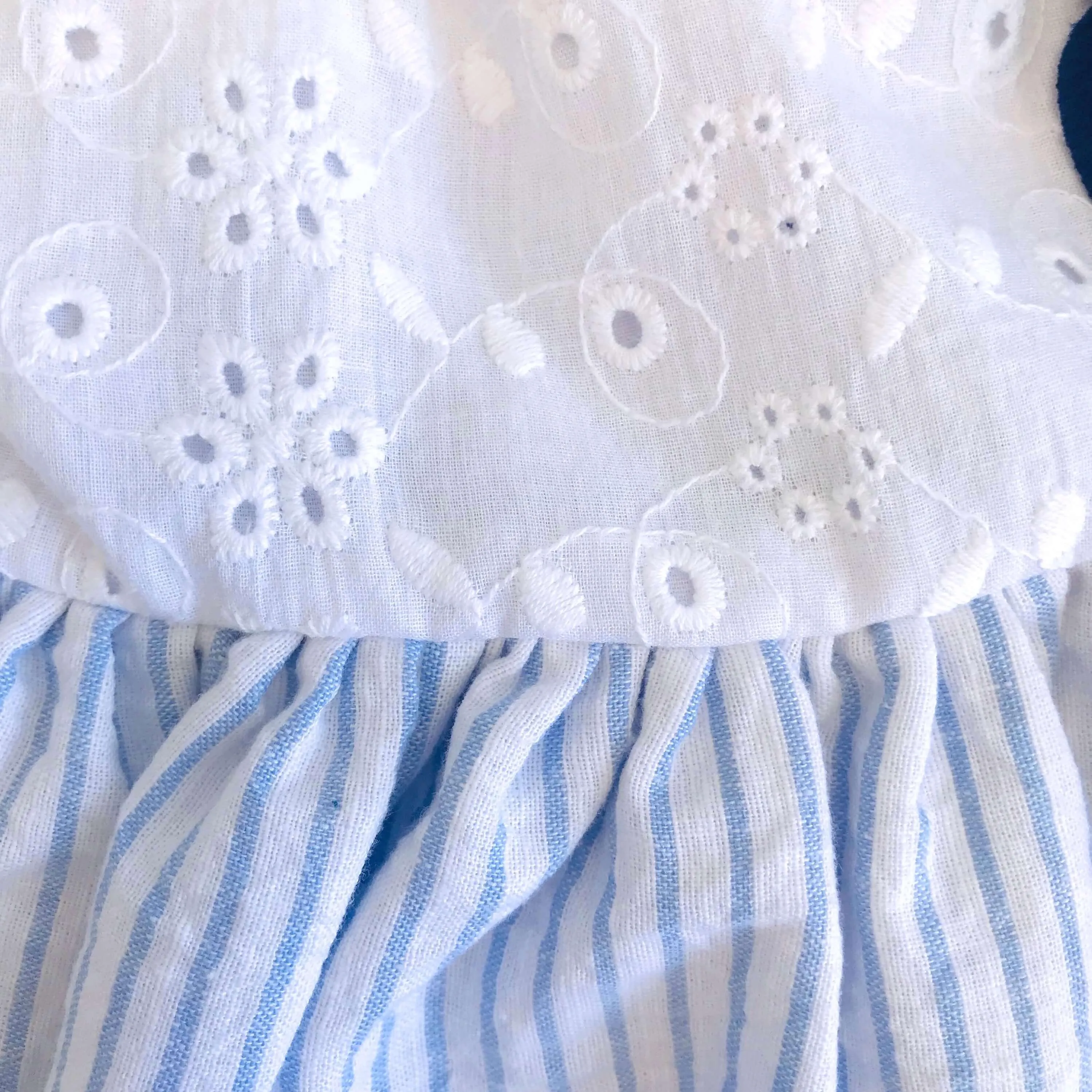 Dahlia Dress in White Eyelet and Placid Blue Stripes Linen