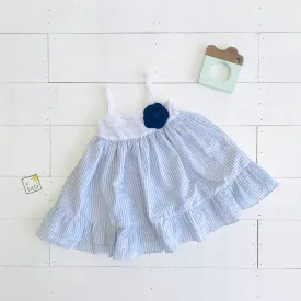 Dahlia Dress in White Eyelet and Placid Blue Stripes Linen