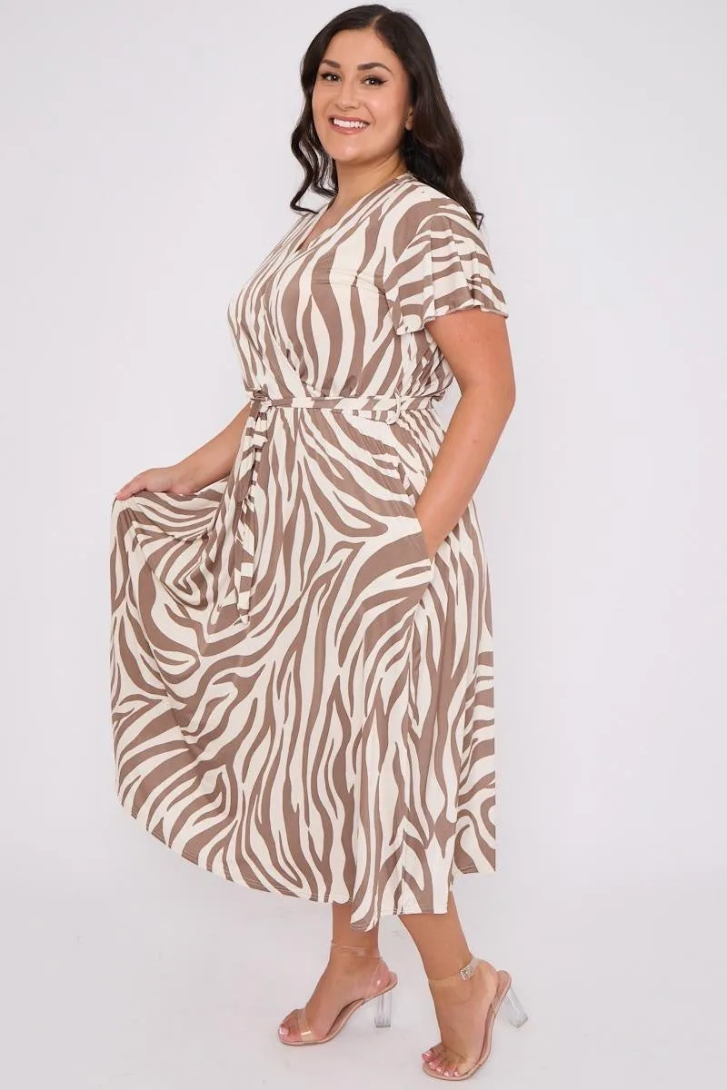 Dani Faux Wrap Dress in Brown and Cream Zebra Print