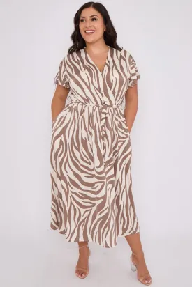 Dani Faux Wrap Dress in Brown and Cream Zebra Print