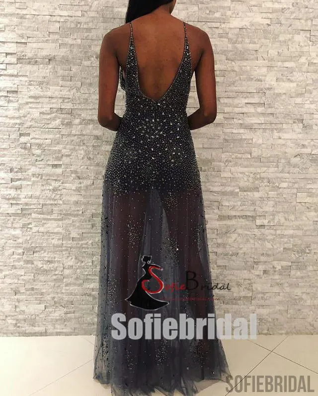 Dark Gray V-neck Rhinestone Beaded Side Slit See Through Prom Dresses, PD0862