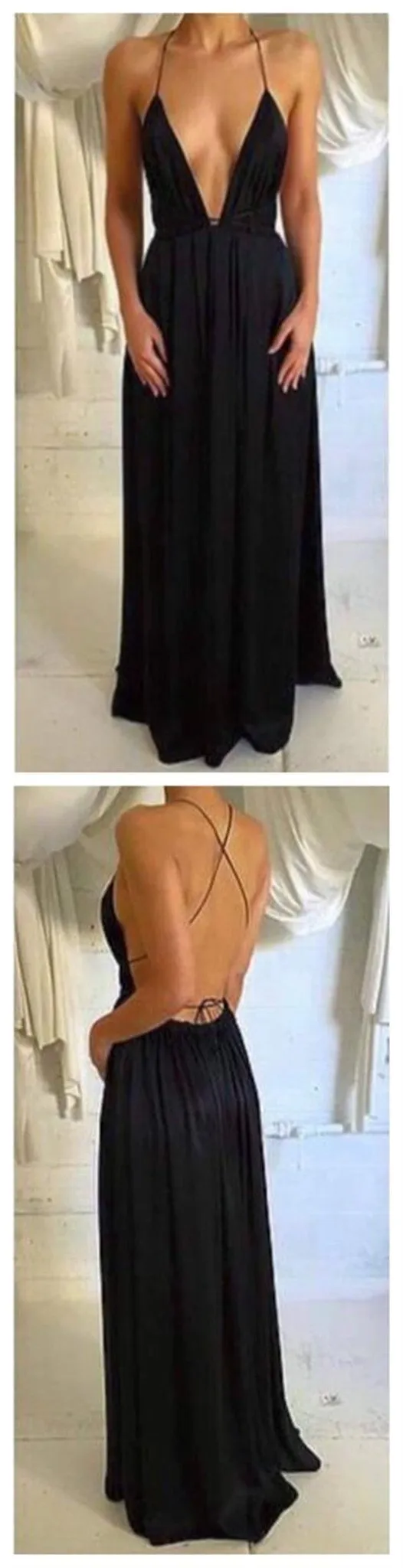 Deep V-Neck Sexy Black Chiffon Spaghetti Backless Prom Dresses, BG0005