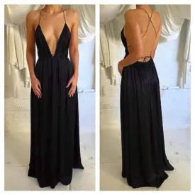 Deep V-Neck Sexy Black Chiffon Spaghetti Backless Prom Dresses, BG0005