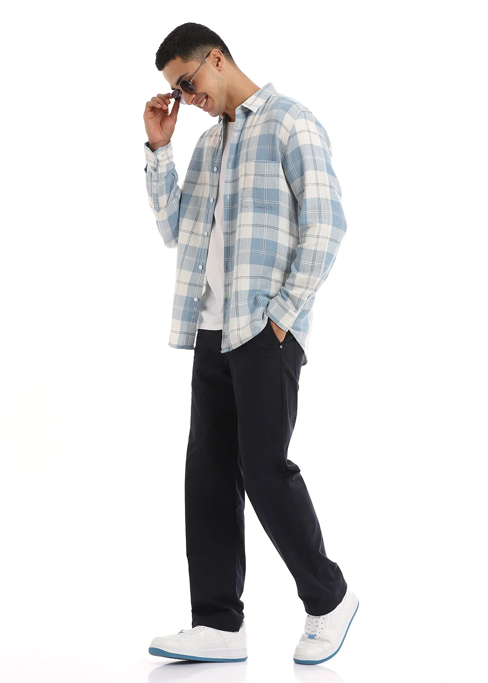 Dobby Pigeon Blue Checked Shirt