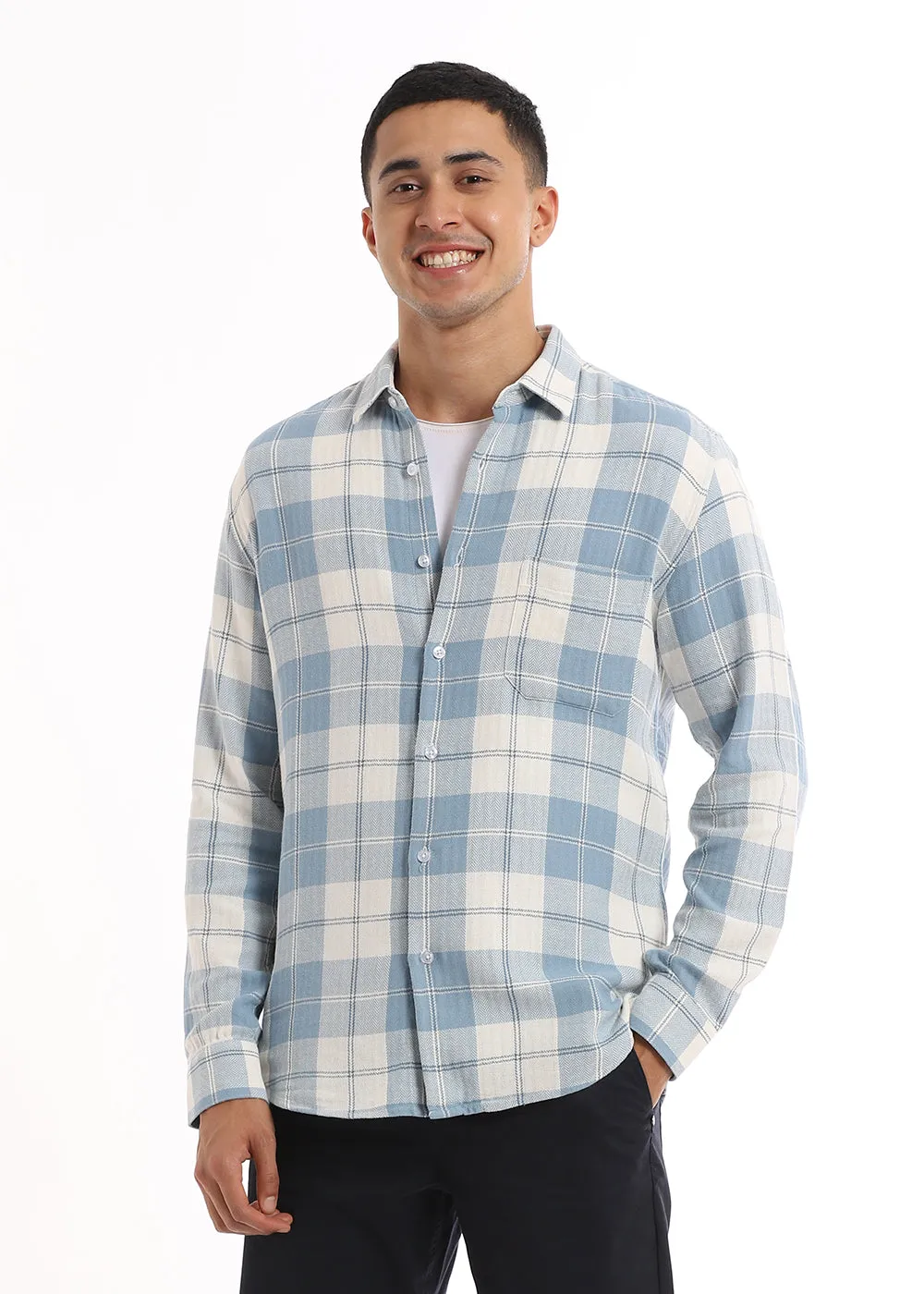 Dobby Pigeon Blue Checked Shirt