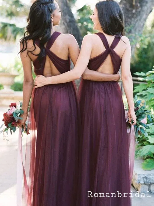 Elegant Burgundy Halter Sleeveless Cross Back A-line Tulle Bridesmaid Dresses, BG234