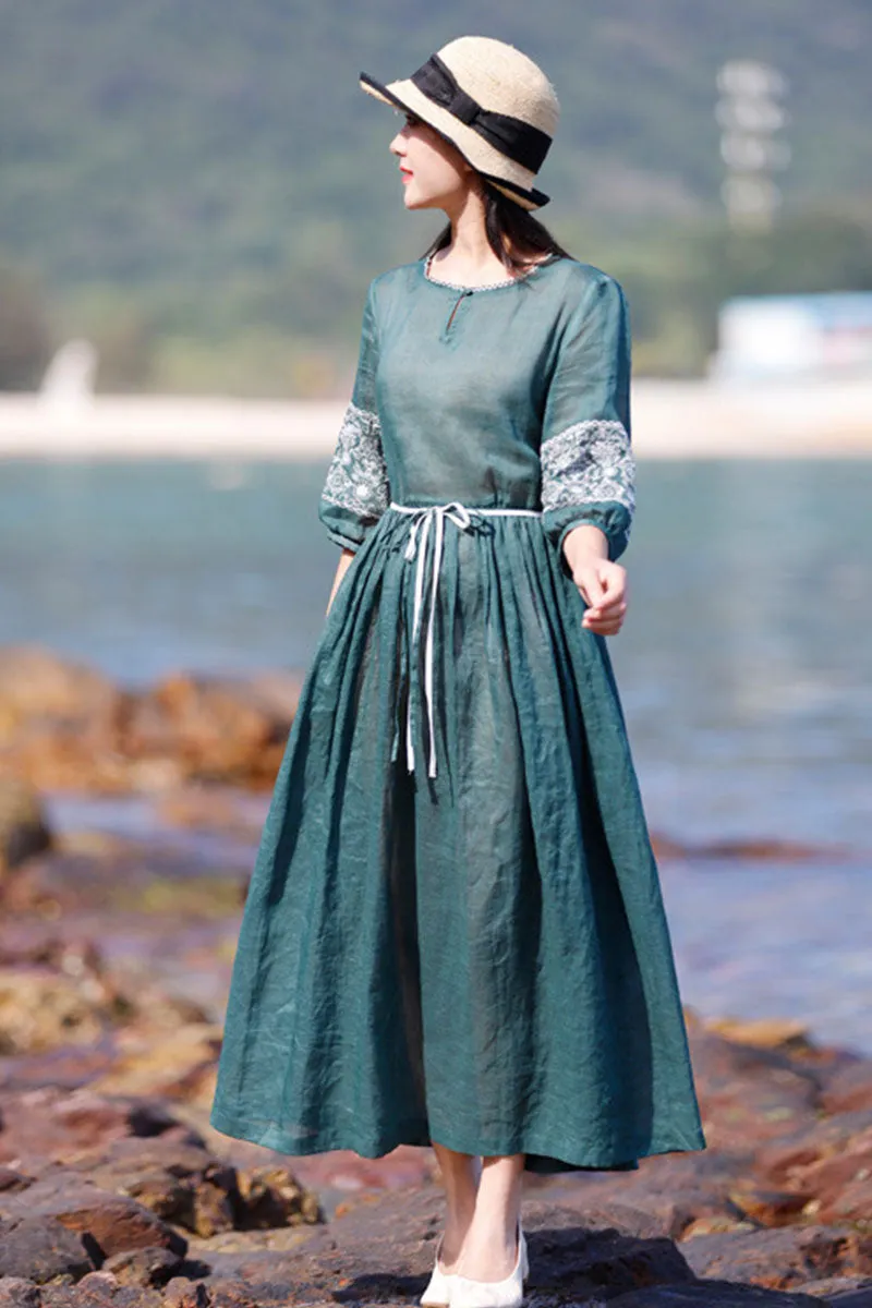 Emerald Embroidery Ramie Dress