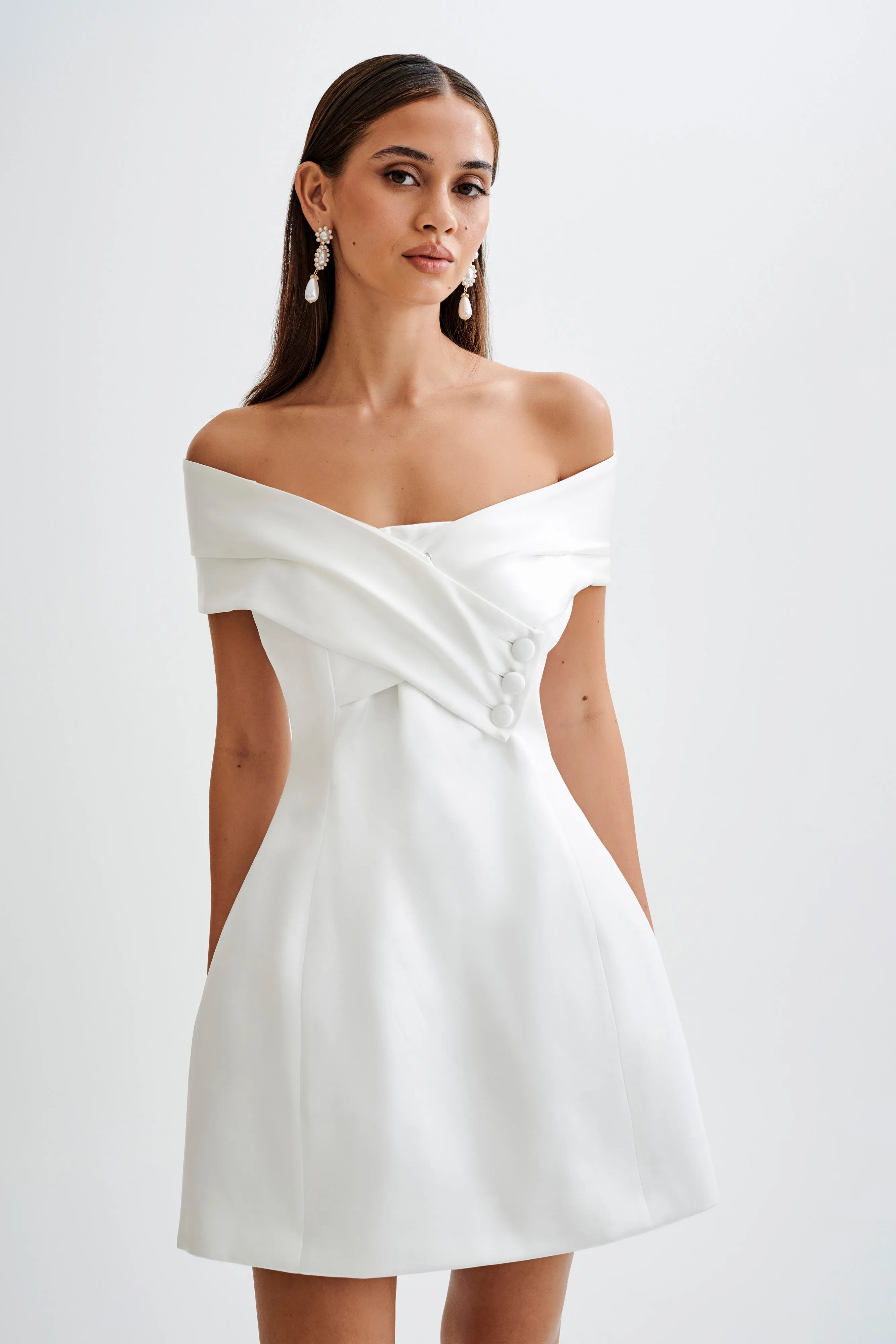 Evita Satin Off Shoulder Mini Dress - White