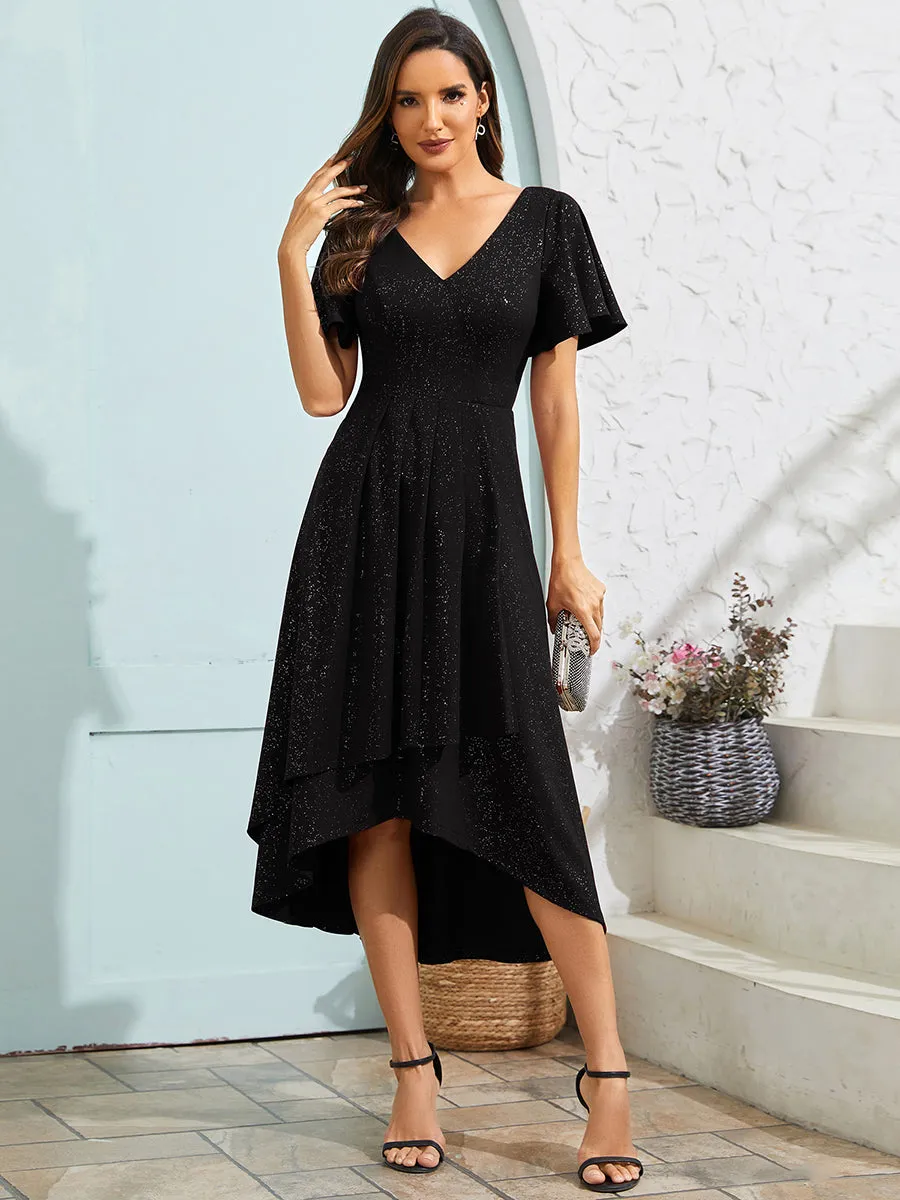 Exquisite V Neck Ruffles Sleeve High Stretch Satin Sequin Dresses with Asymmetrical Hem