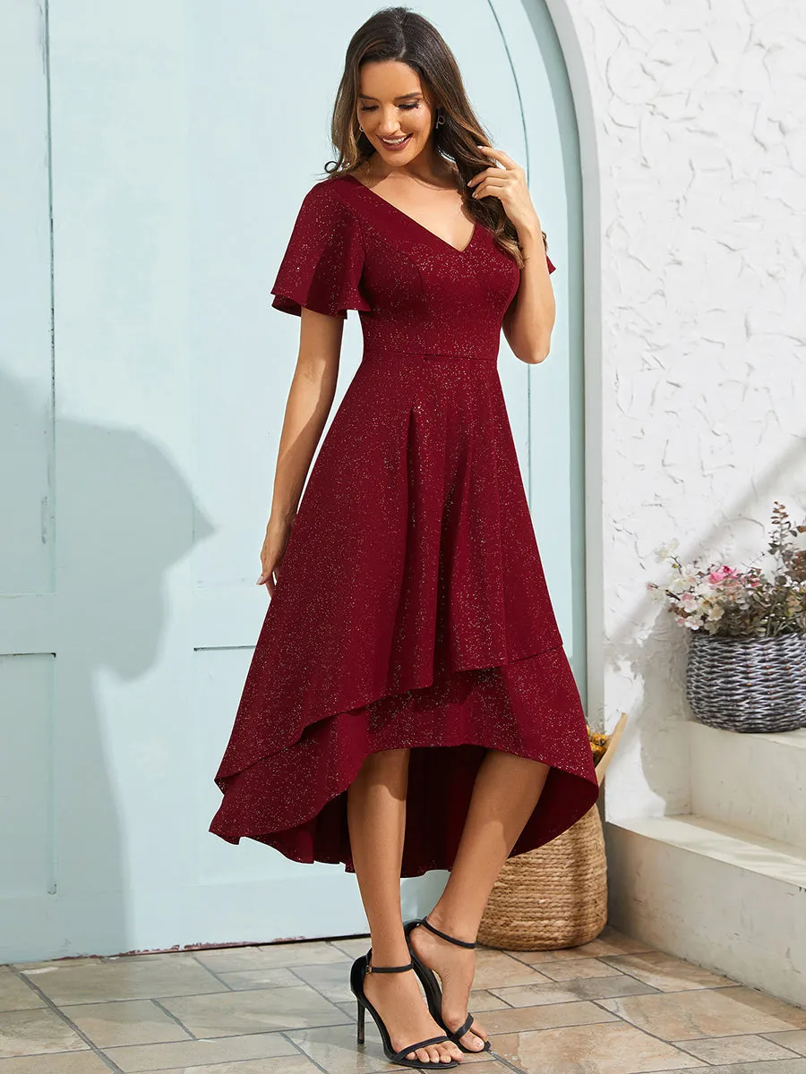 Exquisite V Neck Ruffles Sleeve High Stretch Satin Sequin Dresses with Asymmetrical Hem