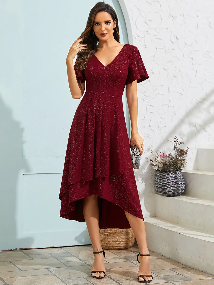 Exquisite V Neck Ruffles Sleeve High Stretch Satin Sequin Dresses with Asymmetrical Hem